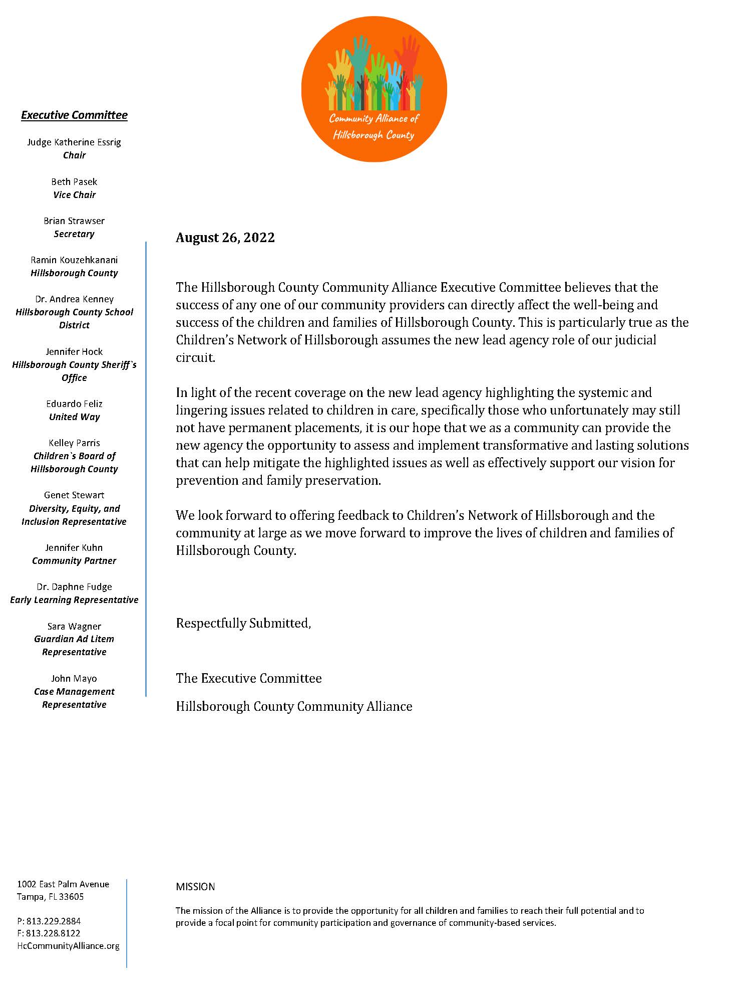 Hillsborough County Community Alliance Executive Committee Support Statement